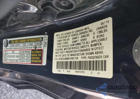 2015 Honda Civic Ex из США, поврежденный, VIN 2HGFG3B8XFH501154